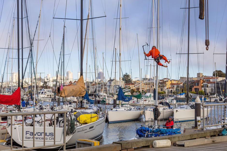 Medarbetare som arbetar med segelbåtar i en marina i dagsljus