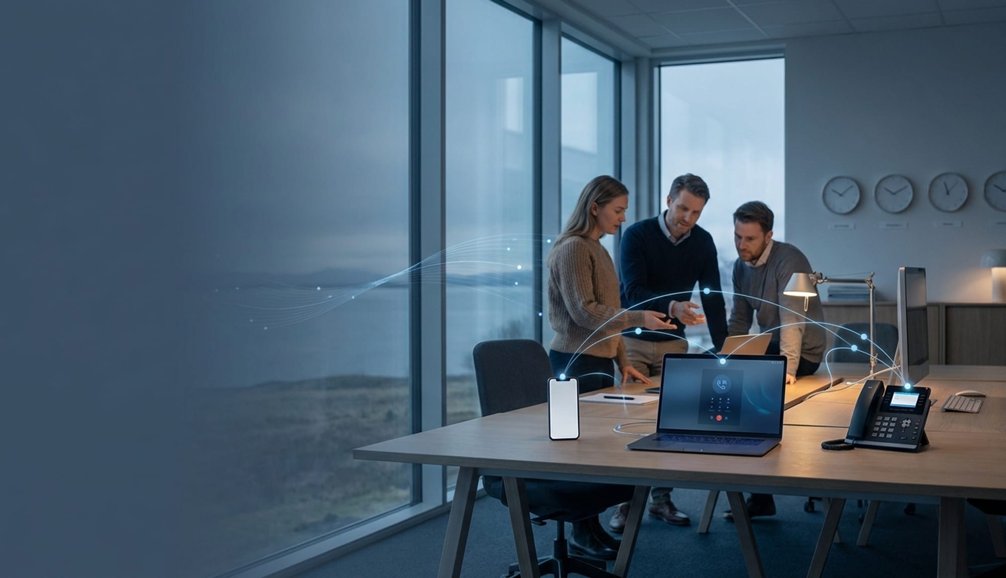 Team på ett nordiskt kontor kring en dator, mobil och bordstelefon som kopplas samman av lysande linjer ut mot horisonten — internationell telefoni över landsgränser