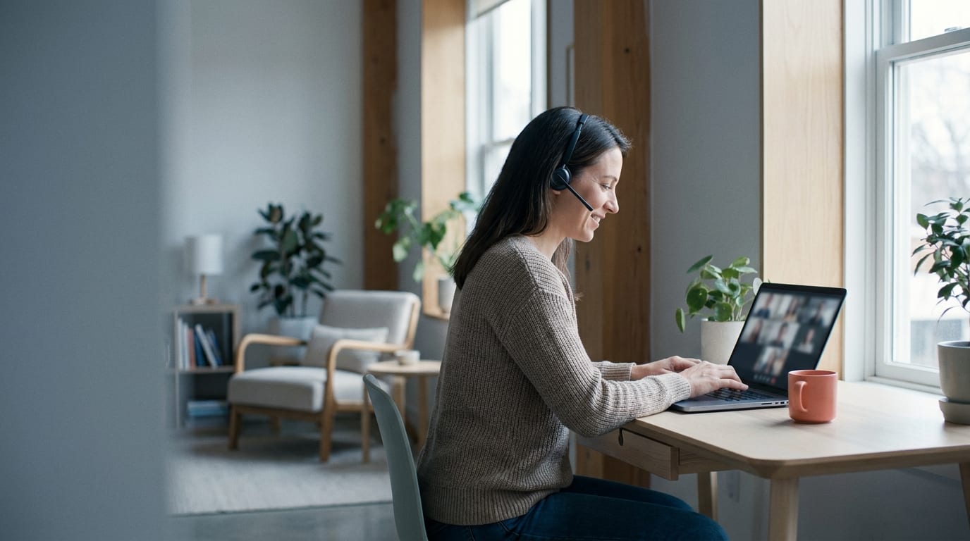 Person med headset jobbar vid ett ljust fönster, uppkopplad i ett videomöte