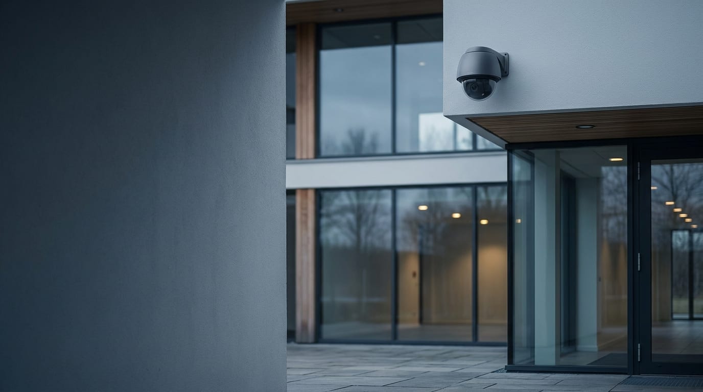 Diskret övervakningskamera monterad vid entrén till en modern företagsbyggnad