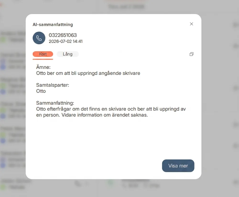 AI-sammanfattningen av ett samtal, med en kort och en lång version.