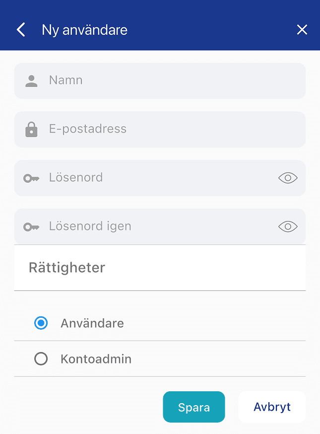 Formuläret Ny användare i Northtracker-appen med namn, e-postadress, lösenord och val av rättigheter.
