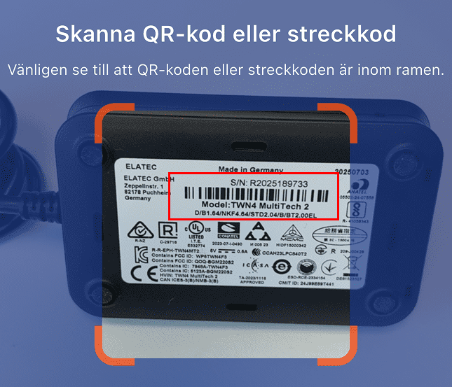 Skanningsvyn i Northtracker-appen med streckkoden på RFID-läsarens baksida inom ramen.