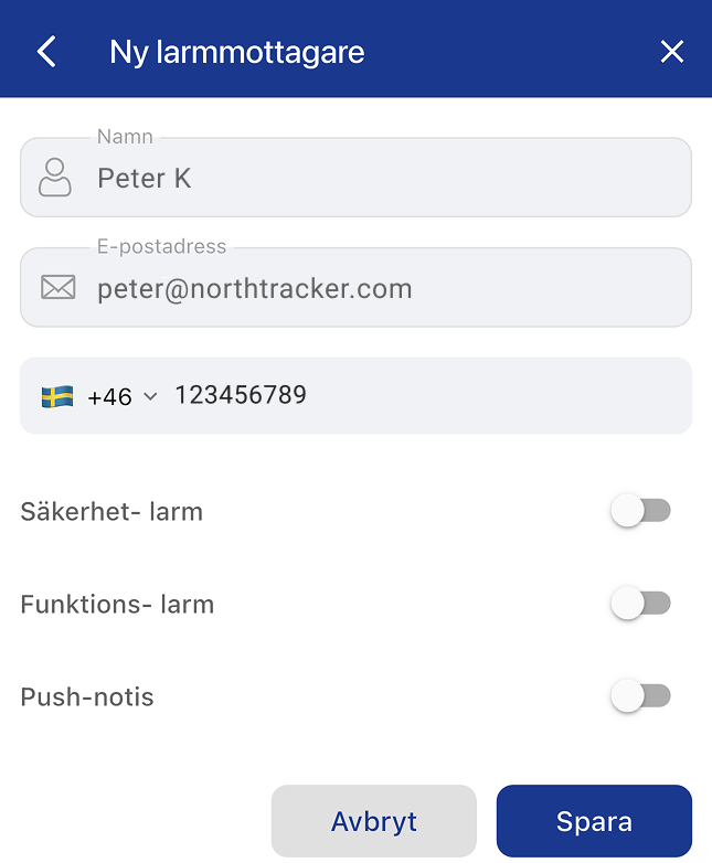 Formuläret Ny larmmottagare i Northtracker-appen med val av e-post, telefonnummer och larmtyper.