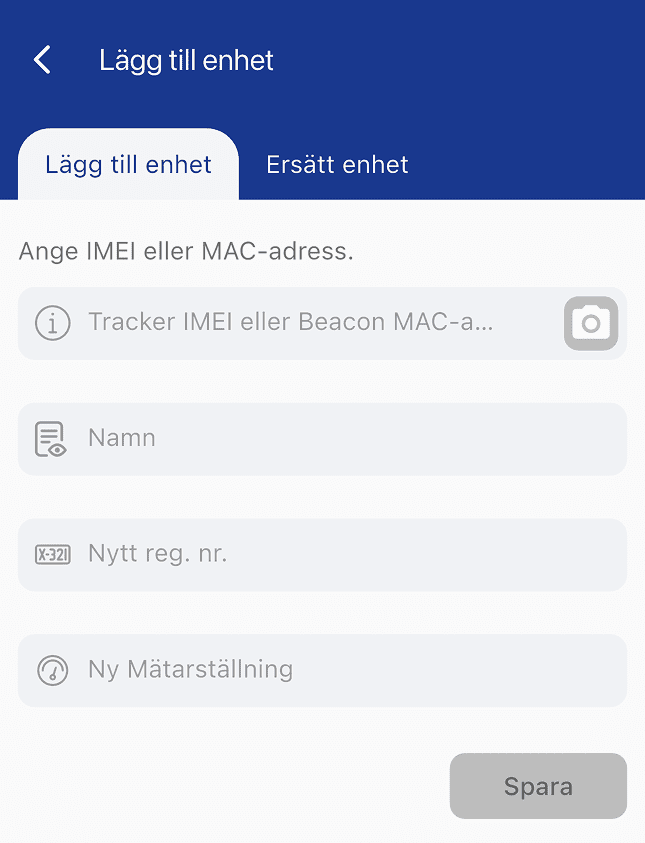 Vyn Lägg till enhet i Northtracker-appen med fält för IMEI, namn, registreringsnummer och mätarställning.