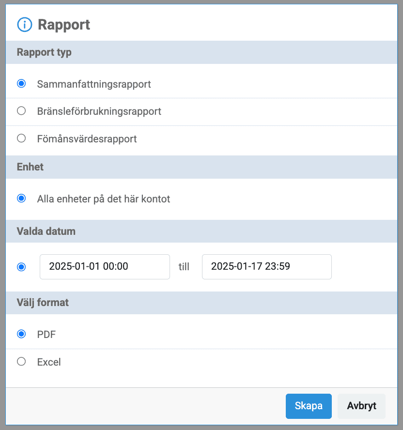 Rapportdialogen i Northtracker-portalen med val av rapporttyp, enheter, datumintervall och format.