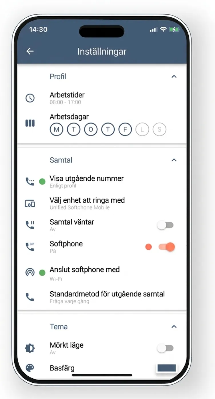 Inställningar i mobilappen: Välj enhet att ringa med, med Softphone påslaget.
