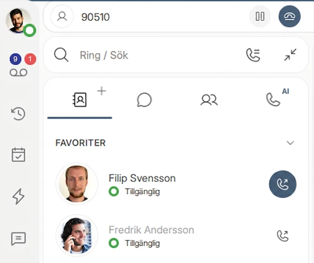 Desktopappen: samtalsfältet högst upp, Ring/Sök-fältet, flikarna och dina favoriter med koppla-knappar.