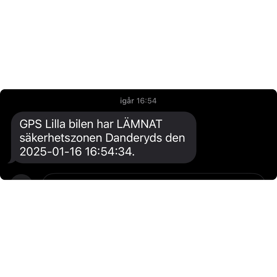 SMS-larm om att ett fordon har lämnat sin säkerhetszon, med tidpunkt och zonens namn.