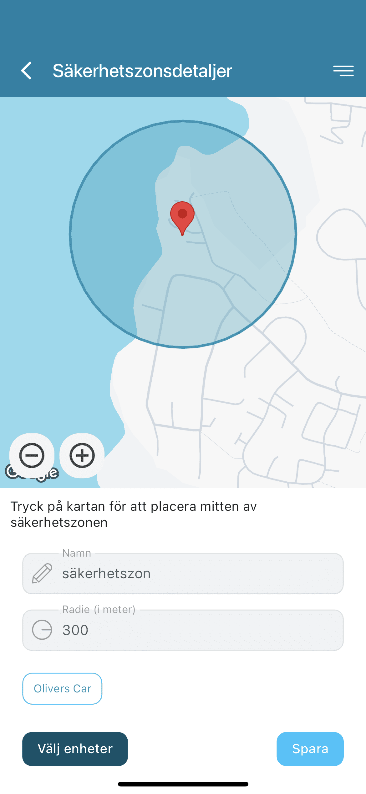 Säkerhetszonsdetaljer i Northtracker-appen med zonens område på kartan, namn och radie i meter.