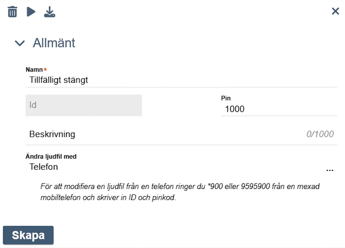 Formuläret för att skapa ett ljud i portalen, med namn, inspelning från datorn, uppladdning och text till tal.