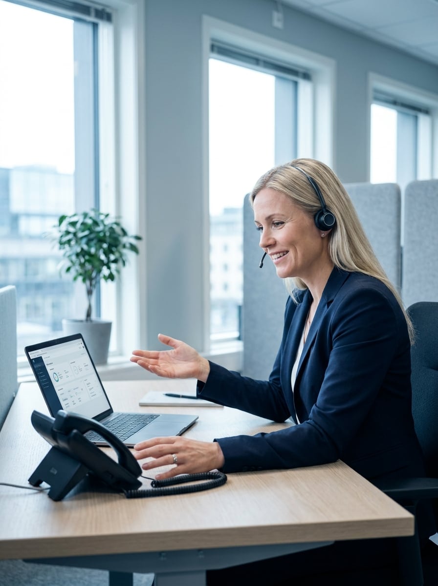 Medarbetare med headset arbetar i ett ljust kontor med både IT-system och telefoni